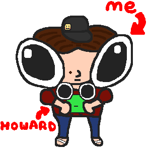 A cartoonish drawing of a white guy with brown hair and a black hat, labelled 'me'. He has gigantic cartoon eyes. He is holding a green square creature that also has gigantic eyes, labelled 'Howard'. Both have a vacant expression